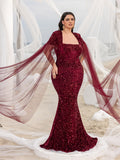 Plus Square Neck Cape Sleeves Sequin Mermaid Dress