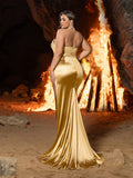 Plus Satin Formal Fishtail Gown with Sweetheart Neckline and Side Vent