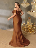 Plus Off-Shoulder Mermaid Gown with Ruching | Silver Belt & High Side Slit