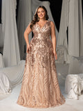 Plus Floral Sequin V Neck Sleeveless A-Line Formal Dress