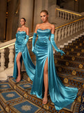 Elegant Rhinestone Detail Split Satin Formal Party Tube Dress (Gloves Included)