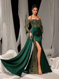 Elegant Evening Gown with Golden Sequin Access – Off-Shoulder Design & High Slit for Luxury Brand Launches or Editorial Fashion Photography, XS-L