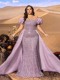 Plus Off-Shoulder Beaded Mermaid Gown with Puff Sleeves, Corset Back & Tulle Train | Luxury Glitter Evening Dress for Prom & Formal Events