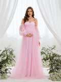 Maternity Off-Shoulder Evening Gown with Puff Sleeves – Flowy Tulle Dress for Pregnancy Photoshoots & Baby Showers