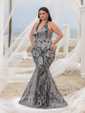Plus Elegant Halter Neck Backless Floral Sequin Mermaid Dresses