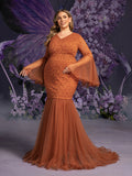 Plus Maternity V Neck Flared Sleeves Mesh Contrast Lace Evening Dress
