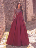 Elegant Women's Sequin Bodice Formal Gown | Long Sleeves | Full Flared Skirt
