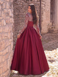 Elegant Women's Sequin Bodice Formal Gown | Long Sleeves | Full Flared Skirt