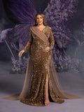 Plus Maternity Surplice Neck Long Sleeves Mermaid Hem Sequin Evening Dress
