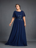 Plus Womens' Chiffon Evening Gown with Floral Appliqué Detailing – Elegant Boat Neck & Cinched Waist Formal Dress for Mothers of the Bride