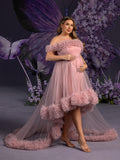 Plus Maternity Off Shoulder High Low Hem Ruffle Trim Tulle Photography Dress