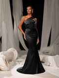 Elegant One Shoulder Mermaid Hem Satin Evening Dress with Pearl Accents