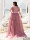 Plus-size Boat Neck Gown with Floral Sequin Embroidered Bodice & Tulle Skirt