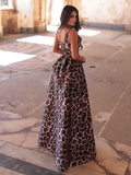 Leopard Print Sleeveless Maxi Dress with Square Neckline, Tie Back & Flowy Skirt | Vintage-Inspired Evening Gown for Party & Formal Occasions