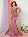 Spaghetti Strap Lace Up Back Sequin Mermaid Dress - Elonnashop