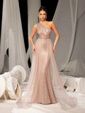 Elegant One Shoulder Sleeveless Mesh Overlay Sequin Formal Prom Dress Evening Dress