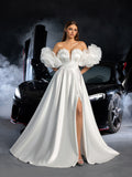 Gorgeous Off Shoulder Puff Sleeves Split Satin A-line Wedding Dress