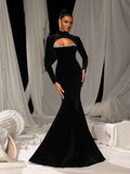 Elegant Velvet High-Neck Mermaid Gown with Chest Cutout, Rhinestone Accents & Floor-Length Train