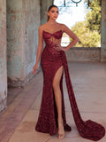 Sequin-Embellished Strapless Mermaid Gown with High Slit, Sweetheart Neckline & Cascading Train Detail | Glittering Maxi Dress for Evening Party & Formal Events