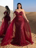 Plus Gorgeous Strapless Mesh Overlay Mermaid Hem Beaded Seuqin Evening Dress