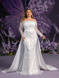Plus Gorgeous Off Shoulder Sheer Sleeves Mermaid Hem Sequin Wedding Dress with Satin Train