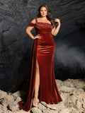 Plus One-Shoulder Ruched Velvet Gown | Beaded Strap & High Thigh Slit