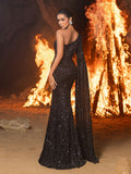 Elegant One Shoulder Long Sleeve Slit Sequin Dress