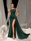 Elegant Evening Gown with Lace Accents & High Slit – Silk Satin Bodycon Dress for Luxury Evenings, XS-XL
