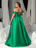 Plus Women's Satin Off-Shoulder Evening Dress | High Slit & Back Lacing Gown
