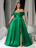 Plus Women's Satin Off-Shoulder Evening Dress | High Slit & Back Lacing Gown