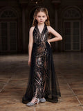 Tween Girls' Halter Neck Backless Mesh Overlay Sequin Jumpsuit - Elonnashop