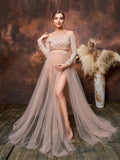 Maternity Off Shoulder Lcae Top & Mesh Overlay Lace Skirt Two Piece Set