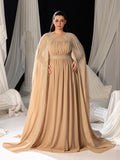 Plus Gorgeous Two-Piece Chiffon Evening Dress | Rhinestone Cape Sleeves & A-Line Skirt with Cathedral Train