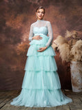 Maternity Mock Neck Lace Bodice Layered Tulle Hem Prom Dress