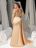 Plus Luxury Off-Shoulder Sequin Mermaid Train Formal Dress with High Slit and Sweetheart Neckline