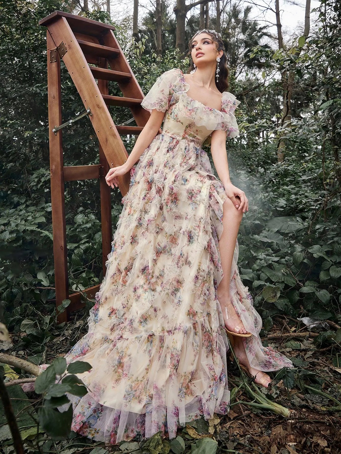 Elegant Ruffle Trim Puff Sleeves Floral Organza Prom Dress - Elonnashop