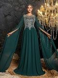 Elegant Chiffon Evening Gown with Embroidered Beaded Bodice, Voluminous Bell Sleeves, Sheer Mesh Neckline & Flowy Floor-Length Skirt
