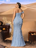 Plus Gorgeous One-Shoulder Beaded Mermaid Gown with Floral Appliqué