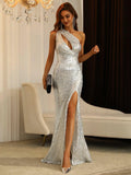 One Shoulder Split Thigh Sparkly Party Dress - Elonnashop