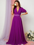 Deep V Neck Puff Sleeve Belted Maxi Dress - Elonnashop