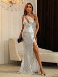 One Shoulder Split Thigh Sparkly Party Dress - Elonnashop