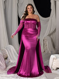 Plus Satin Off Shoulder Mermaid Evening Dress with Pearl Accents