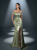Elegant Satin Off-Shoulder Mermaid Gown | Sculpted Ruching & High Thigh Slit