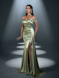 Elegant Satin Off-Shoulder Mermaid Gown | Sculpted Ruching & High Thigh Slit
