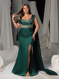 Plus Size One-Shoulder Sequin Bodice Formal Dress with Corset Back & Train