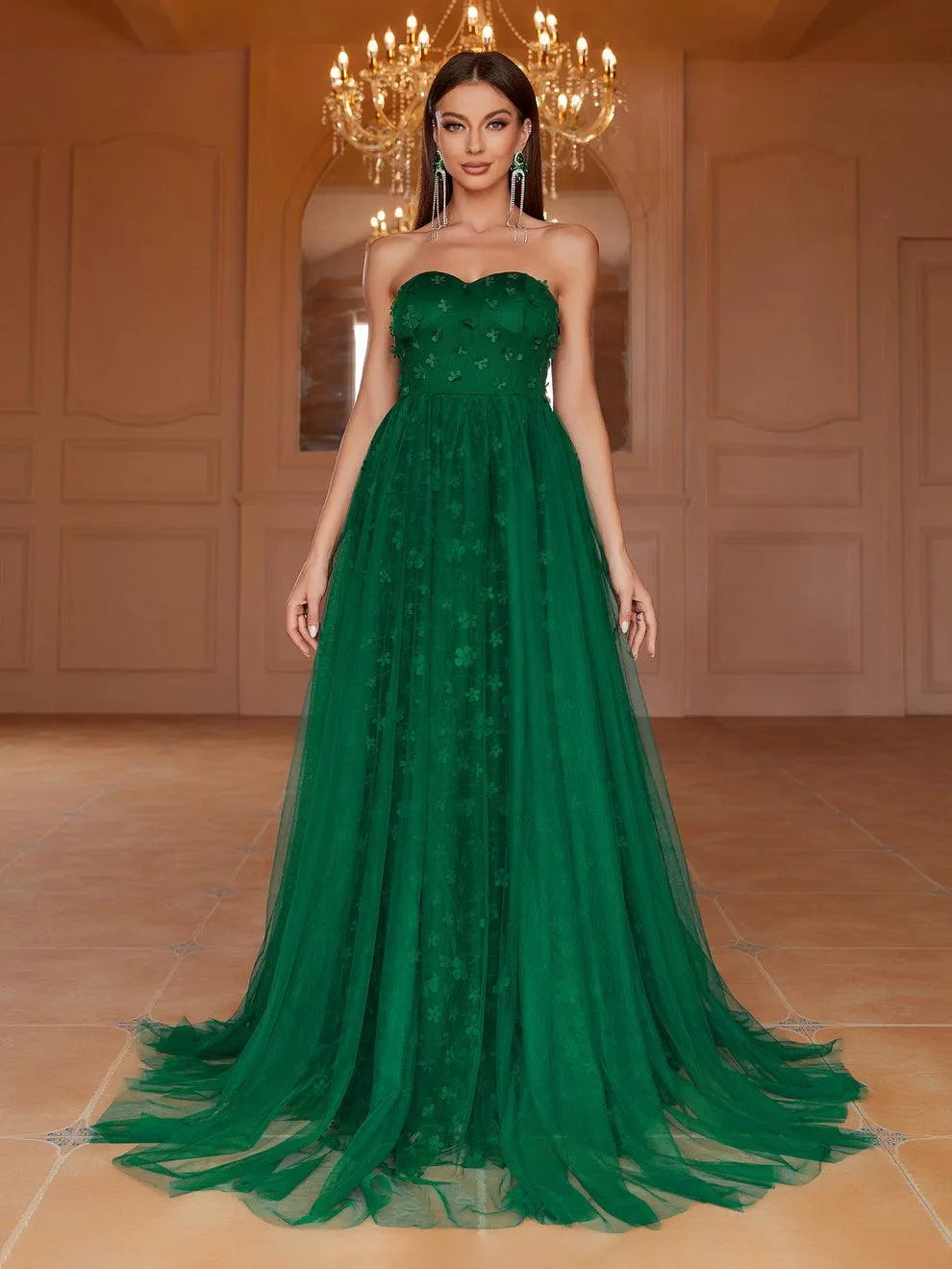 Mesh Overlay Floral Applique Tube Formal Dress - Elonnashop