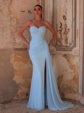 Elegant Strapless Sweetheart Neckline Mermaid Gown with Ruched Bodice, High Front Slit and Corset Back Lace-Up Detail | Evening Dress for Girls, Weddings, Formal Events