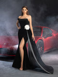 Elegant Strapless Draped Side Split Mermaid Hem Velvet Evening Dress
