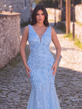 3D Floral Appliqué Tulle Maxi Dress | Halter Neck Mermaid Silhouette with Open Back & High Leg Slit | Evening Gown for Weddings, Parties, Prom