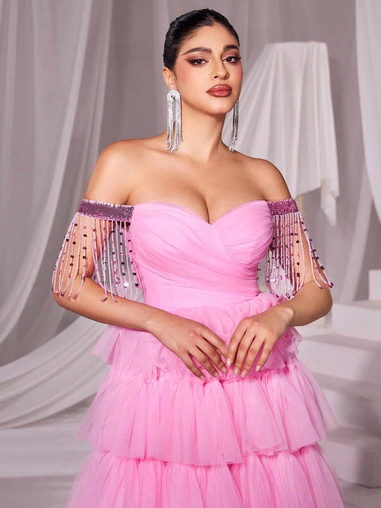 Off Shoulder Fringed Sleeves Mesh Cake Dress - Elonnashop